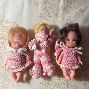 Antique Miniature Hand Crochet Doll & Clown Trio